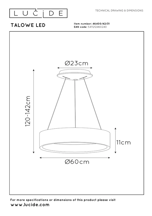 Lucide TALOWE LED - Pendelleuchten - Ø 60 cm - LED Dim. - 1x39W 3000K - Weiß - technisch